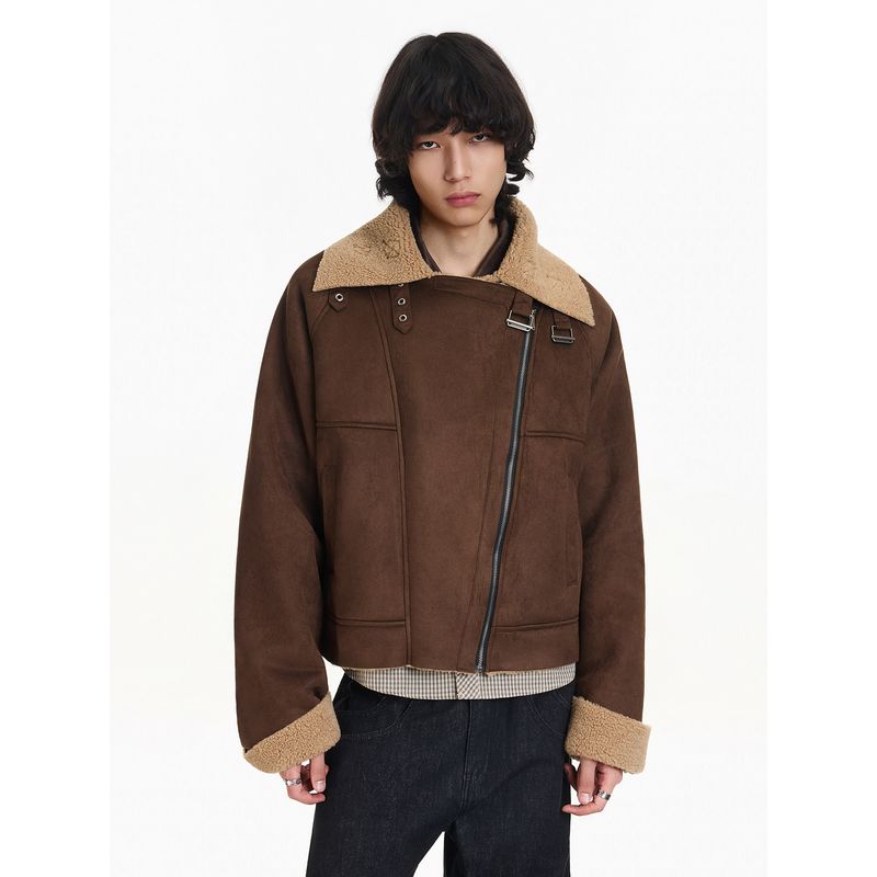 Blaexit Winter Suede Lamb Wool Collar Jacket Men's Thickened High-End Cotton Flight Jacket Cotton Coat