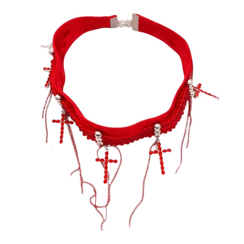 

Velvety Crystal Crucifix Tassels Necklace Feature Adjustable Chain For Women Fashion Jewelry Red or Black Optional красный