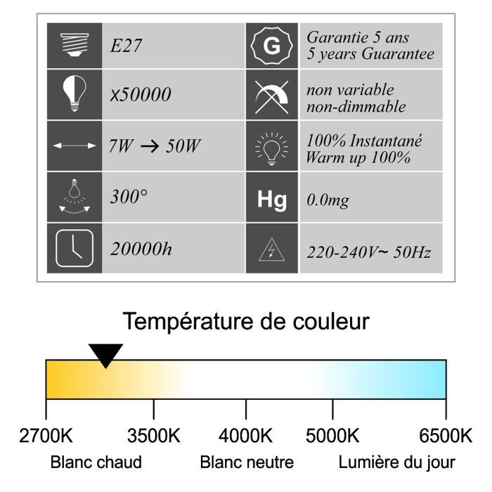 Ampoule LED E27 7W 650Lm 3000K - garantie 5 ans