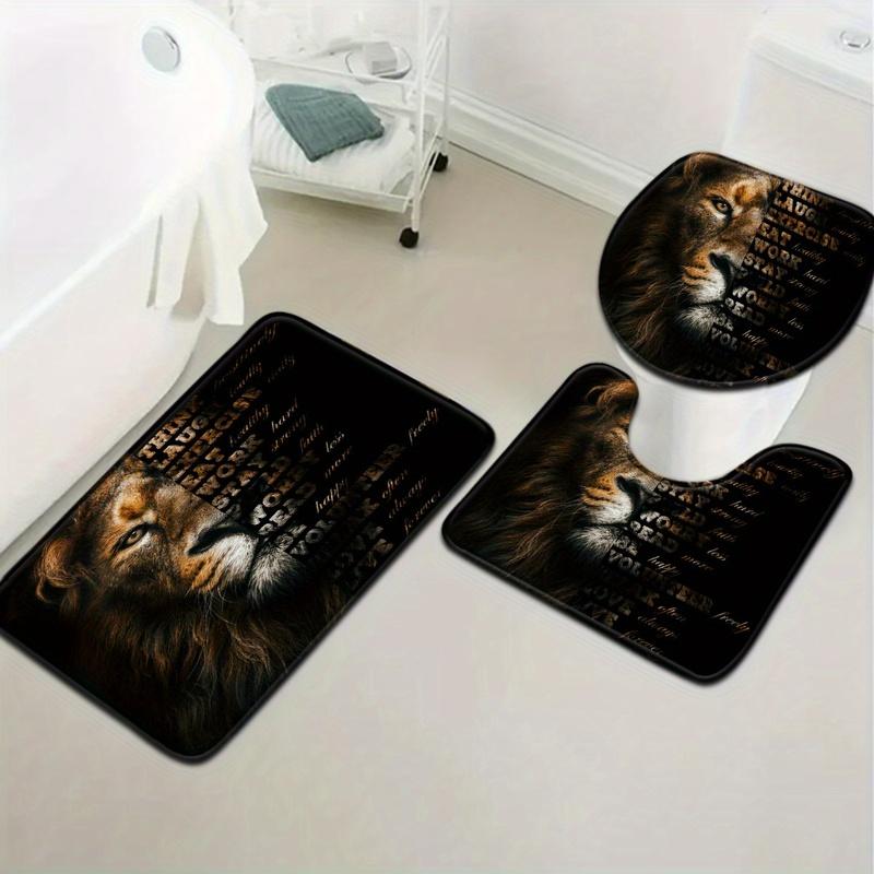 3pcs Mysterious Lion Bathroom Rug Set Non-Slip U-Shaped Mat and Toilet Lid Cover Animal Theme Washable Indoor Floor Mats