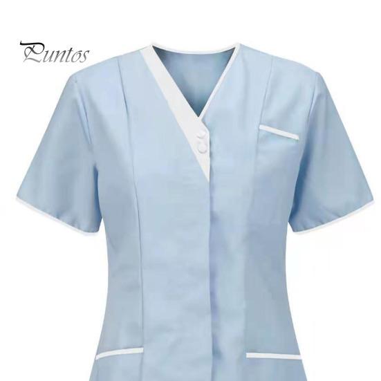 Contrasting Color Decoration Nurse Uniform Scrubs Tops Women V-neck Short Sleeve Pockets Design Overalls Uniforms Patchwork Nursing Working