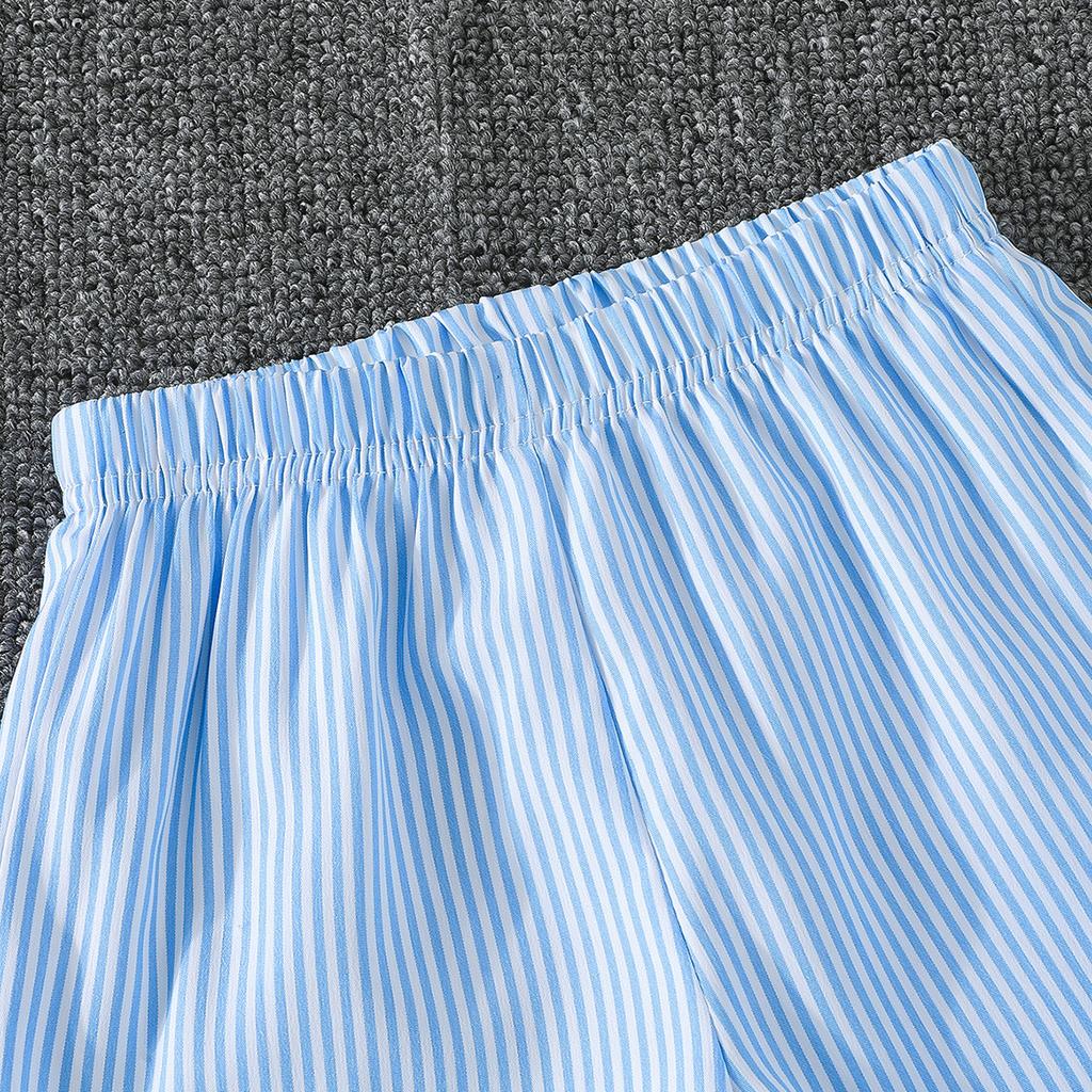 Girls' Clothing Blue and White Striped Two-Piece Shirt Set Girls' Striped Shirt + Wide-Leg Pants