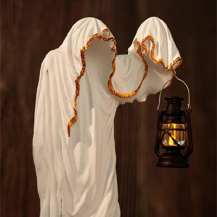 Halloween Wizard Holding Lanterns Sculpture with Intricate Carving Weather Resistant Resins Ornament For Mystical Displays