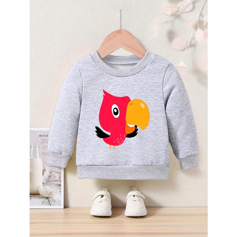 Kids' Cartoon Bird Print Crew Neck Sweatshirt - Regular Fit, Casual Style, Applique Detail