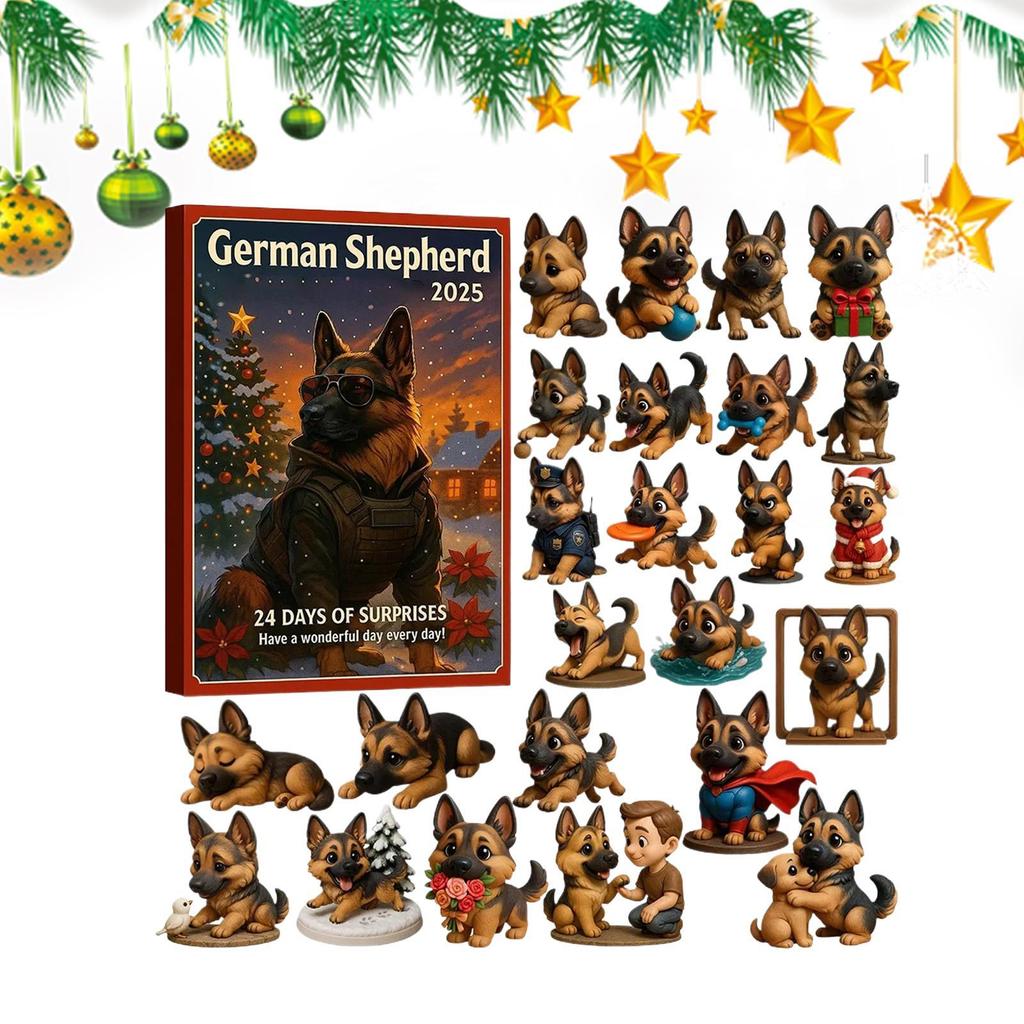 Christmas Advent Countdown Christmas 2D Acrylic German Shepherd Decor 24 Days Cute Cartoon Dog Ornament For Xmas Tree Kids Gifts