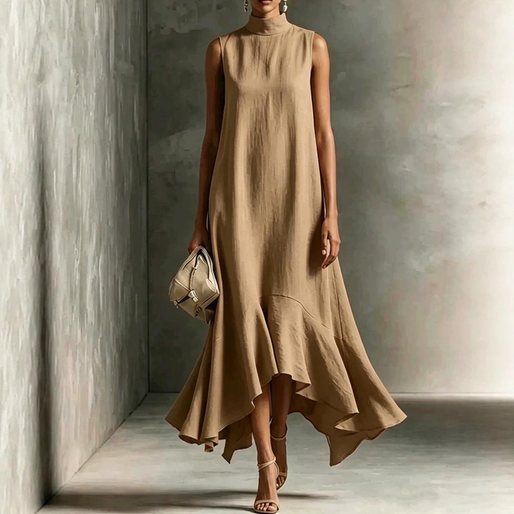 Damen ärmellos hoher Kragen lässig lockere Passform Midi-Kleid weicher Stoff entspannte Silhouette stilvoll für den Alltag