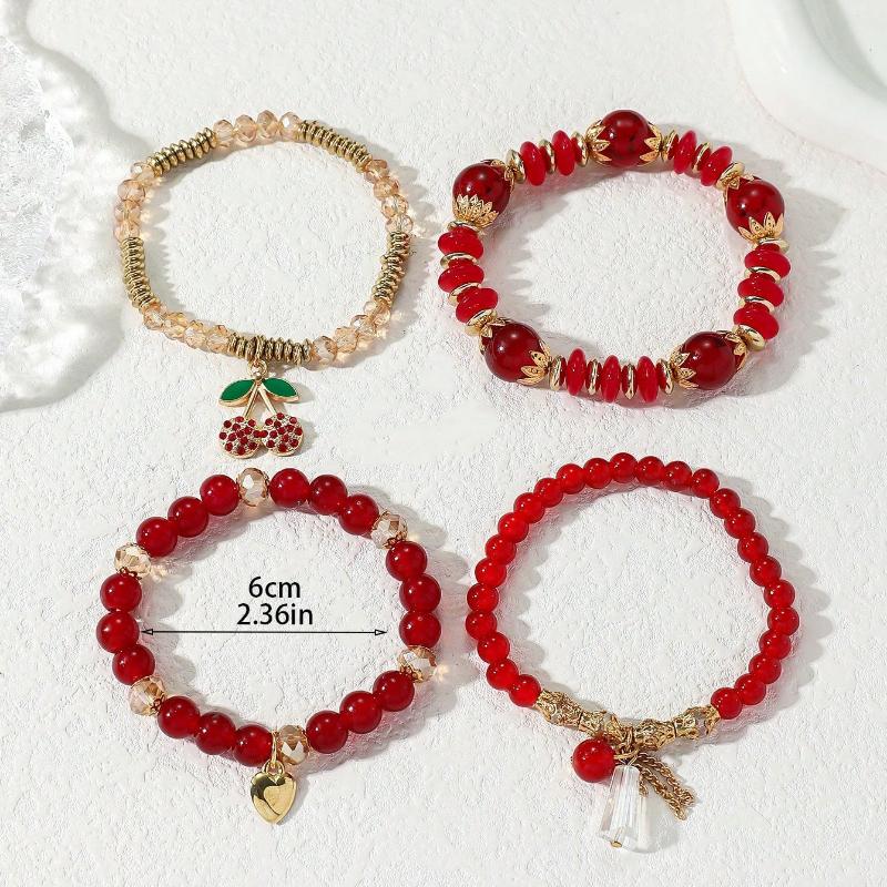 4 Pcs Versatile Red ABS Bead & Cherry Drop Oil Pendant Bracelet Set, Suitable For Women's Everyday And Vacation Outfits