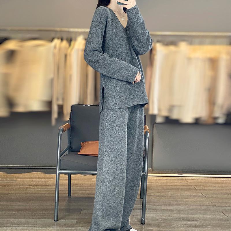 Women's Thickened Cashmere Knit Set: V-Neck Sweater & Wide-Leg Pants