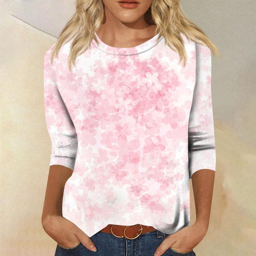 Women's Casual Floral Print Three Quarter Sleeve Crew Neck Top Lightweight Soft Fabric Comfortable Fit Daily Wear
