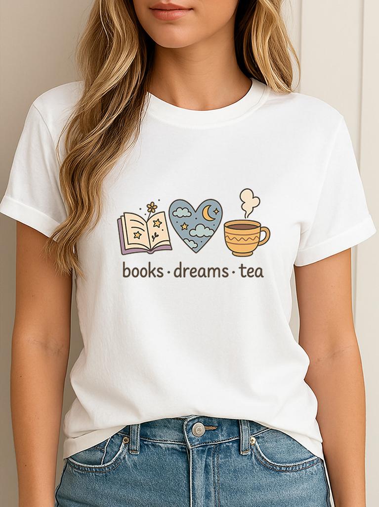 Books Dreams Tea T-Shirt Women's Cozy Aesthetic Graphic Tee Bookish Shirt