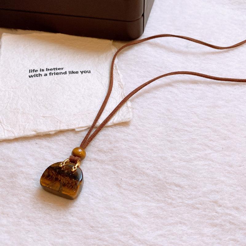 Korean fleece rope color artificial tiger's eye stone bag necklace niche design sweater chain retro necklace