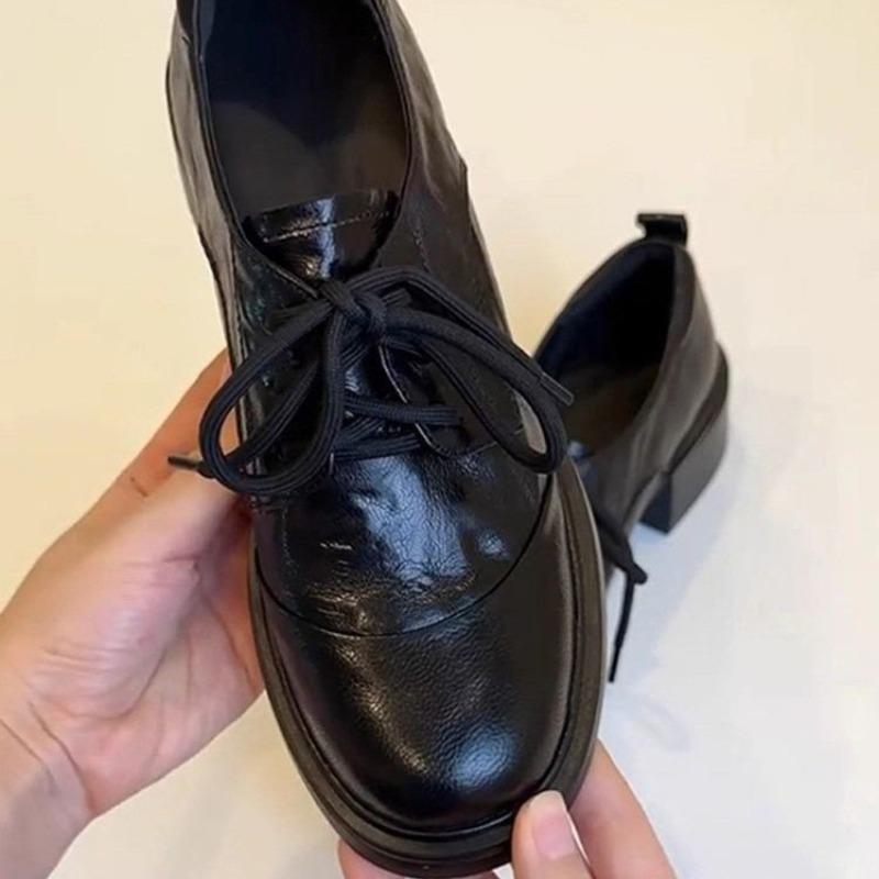 Damskie Sznurowane Baleriny ze Skóry na Obcasie, Szpilki, Buty na Grubej Podeszwie