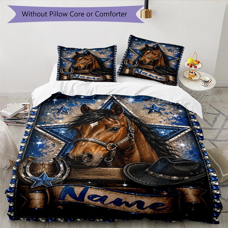 3pcs Custom Name Horse Bedding Set Duvet Cover Closure Includes 1 Duvet Cover & 2 Pillowcases, Soft and Comfortable for All Seasons.