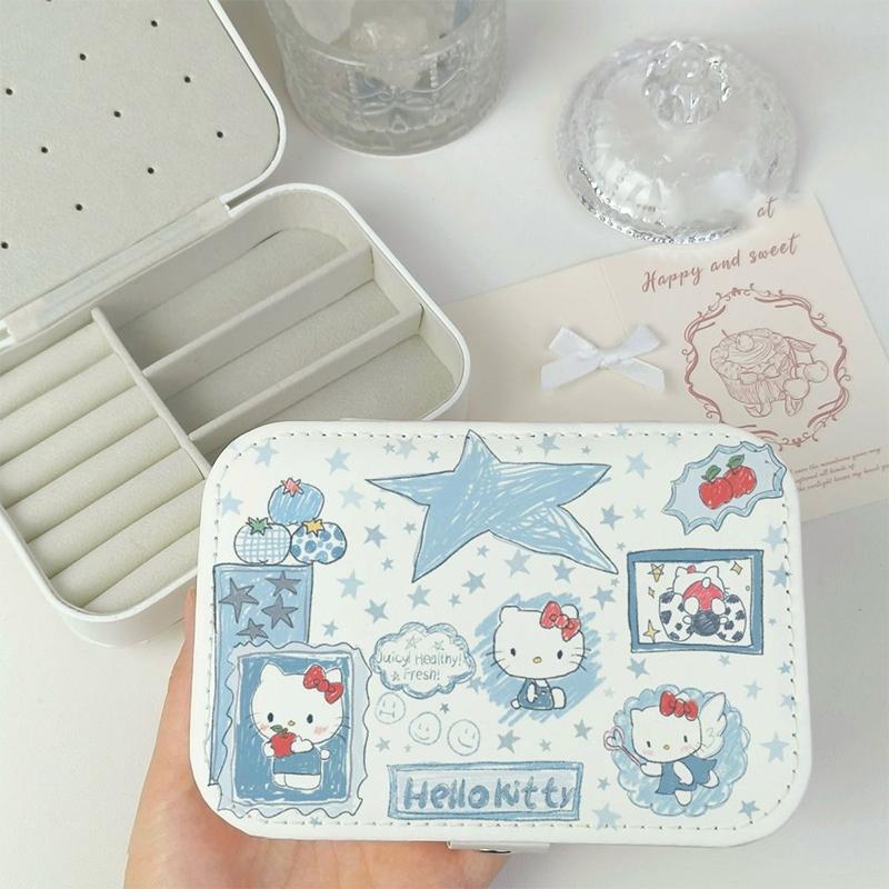 Kawaii Hello Kitty Jewelry Box Earrings Portable Necklace Ring Cute Pu Leather Storage Box Travel Mini Compact Accessory