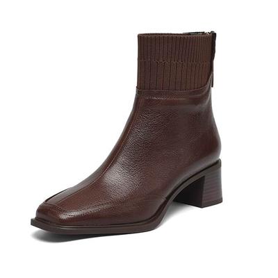 Sheepskin Autumn Winter Shoes Thick Heels Size 42 Square Toe Zipper Knitwear Vintage Ankle Boots