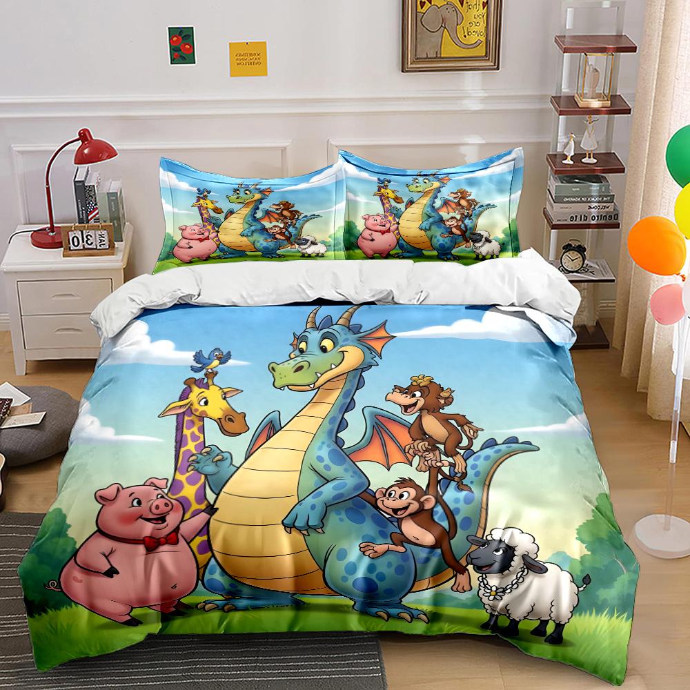 Draak en dierenvrienden verzameld Patroon Dekbedovertrek Set Digitale Print Kleurrijk Polyester Beddengoed met Ritsluiting voor cadeaus EU Twin 135X200cm&set