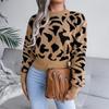 Women Autumn Winter Leopard Print Knitted Crop Sweater Long Sleeve O Neck Nipped Tops Sizes S to L