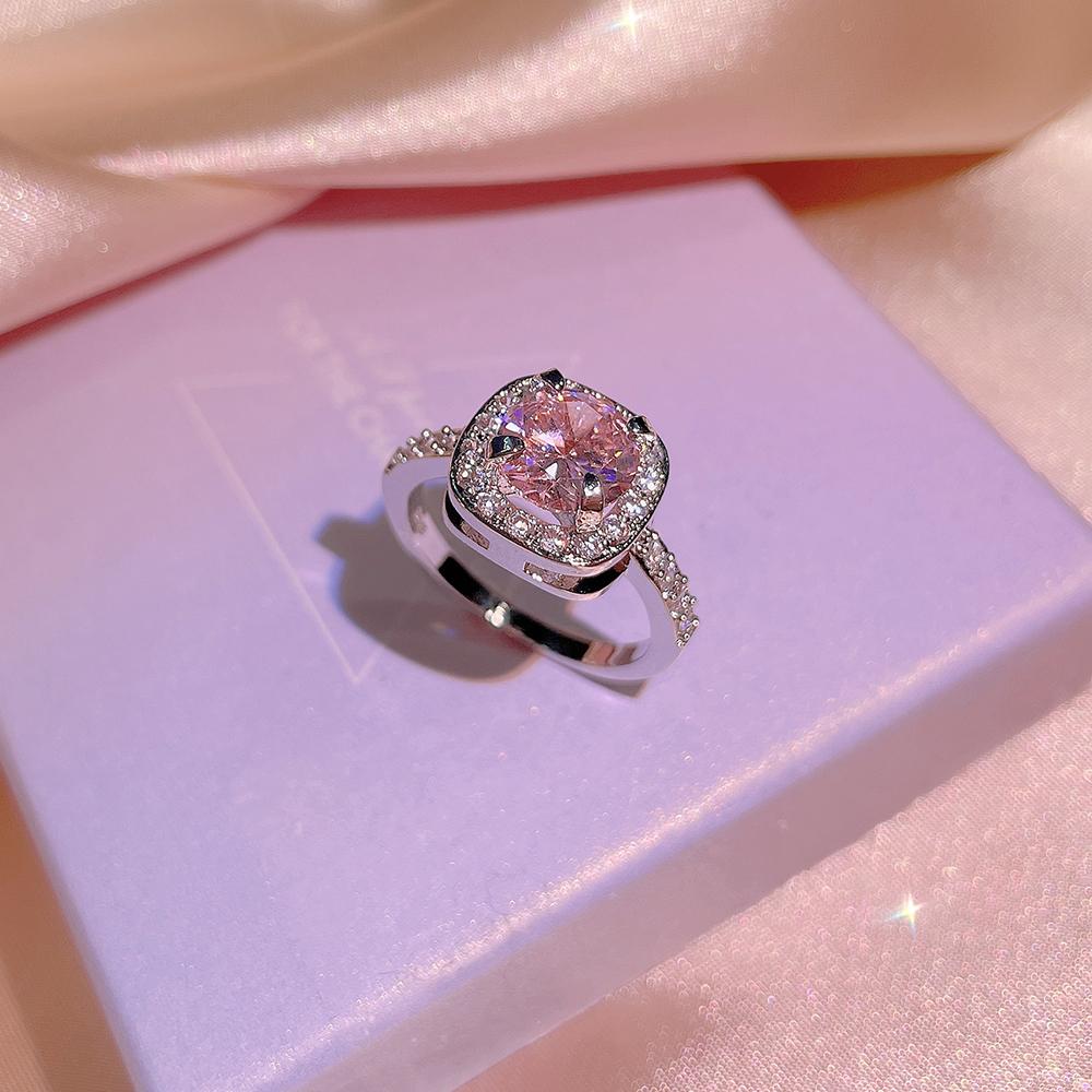 NEW Classic 925  Inlaid Zircon Engagement Ring Pink Crystal Women Shiny Zircon Jewelry Heart-shaped Pink Women's Ring