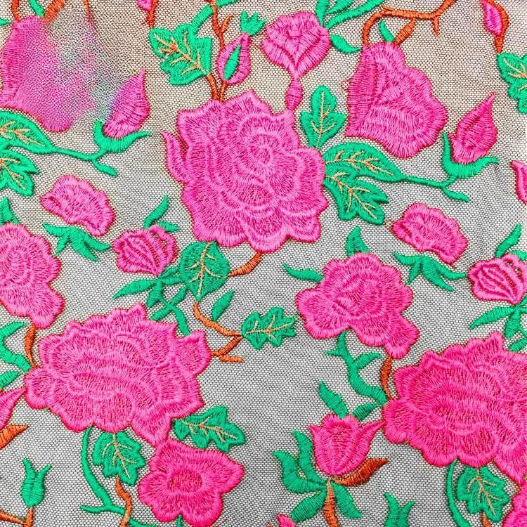 Water-soluble lace full accessories poly silk embroidery fabric Colorful heavy industry yarn-dyed mesh bottom embroidery fabric