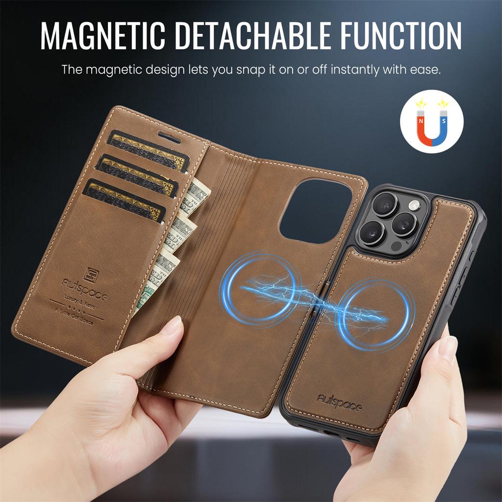 2-in-1 Magnetic Detachable Wallet Case for iPhone 15/15 Pro/15 Pro Max/15 Plus - PU Leather, Card Slots, MagSafe Charging, 360° Protection & Kickstand