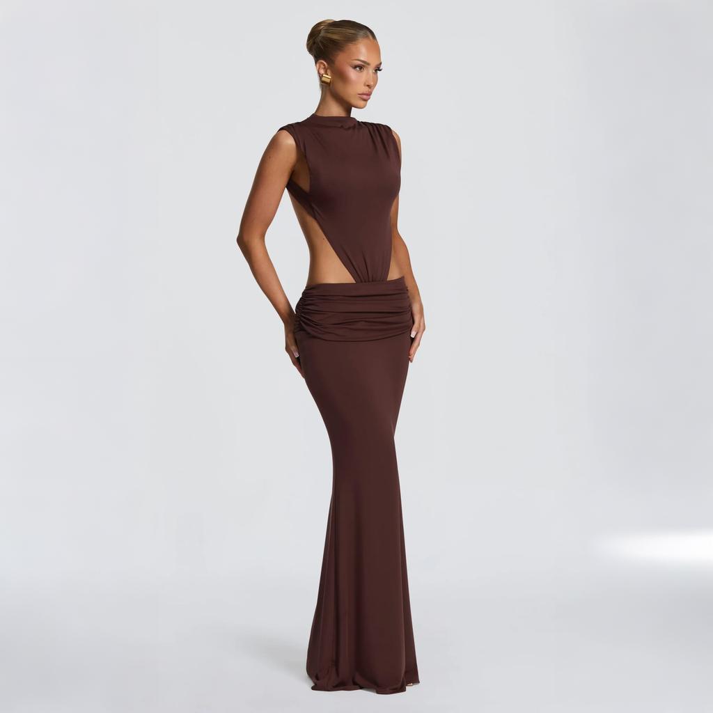 Women's new hollow pleated neck dress women's high-end sense halter waist sexy European and American style hip long