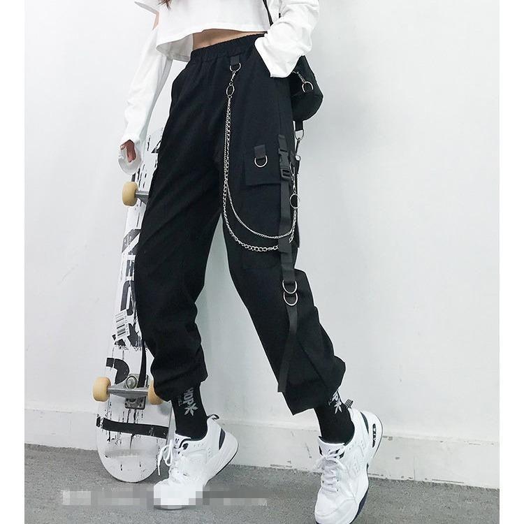 Women Cargo Pants Black Joggers High Waisted Harajuku Harem Pants Punk Goth Techwear Chain Trousers Female Hip Hop