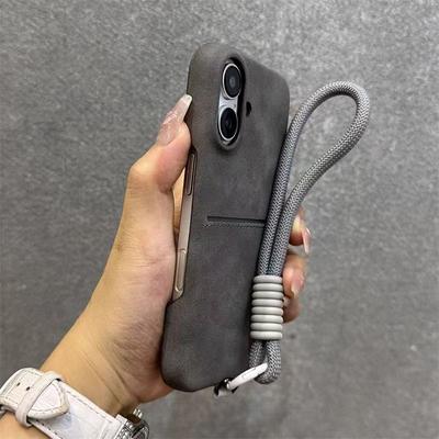 Étui pour téléphone à cartes en imitation peau de mouton, semblable à la peau, adapté pour IPhone16Promax, étui à cartes S23ultra, coque, manchon avec cordon