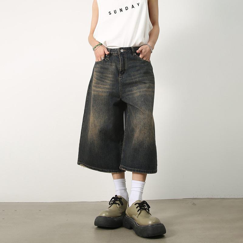 Women Y2k Style Baggy Denim Shorts Wide Leg Short Pants Fashion High Waisted Dark Wash Knee Length Loose Unisex Jeans Casual