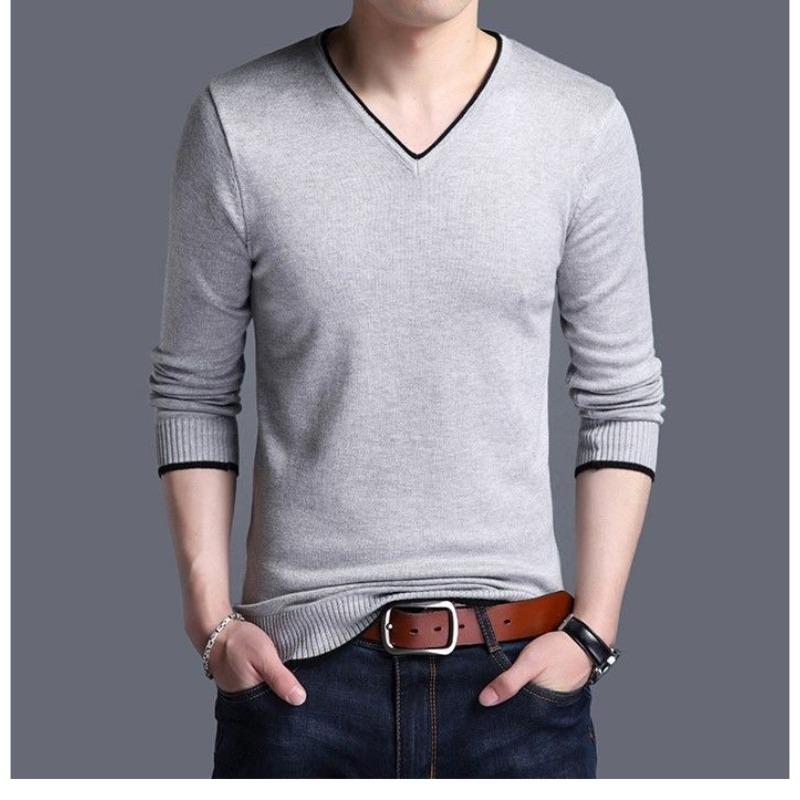 Spring and Autumn Men's Pullover V-neck Solid Color Slim Fit Casual Fashion Elegant Commuter Long sleeved Knitted Bottom Shirt