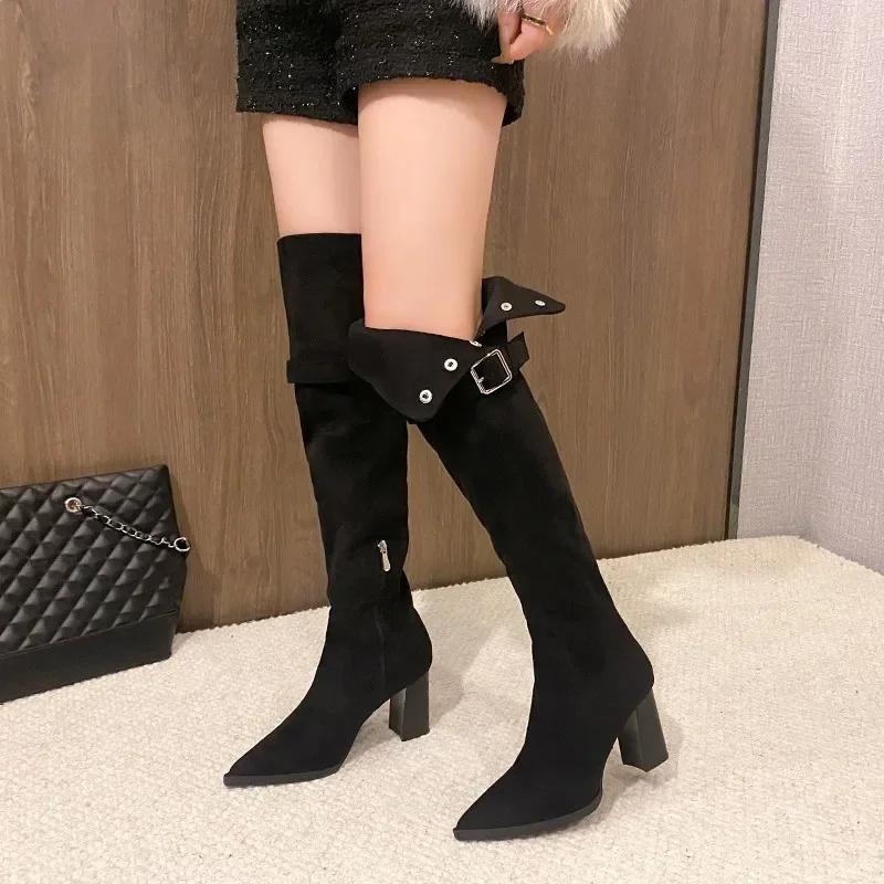 Women Over The Knee Boots Suede Sexy High Heels Ladies Buckle Long Boots New Warm Female Shoes Slim Thigh High Boots Party Pumps