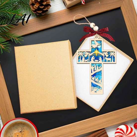 Reusable Christmas Tree Decor Wooden Hollowed Pendant Cross/Christmas Hanging Ornament Decorative Unique Gift for Book Worms Plaid Bow Craft