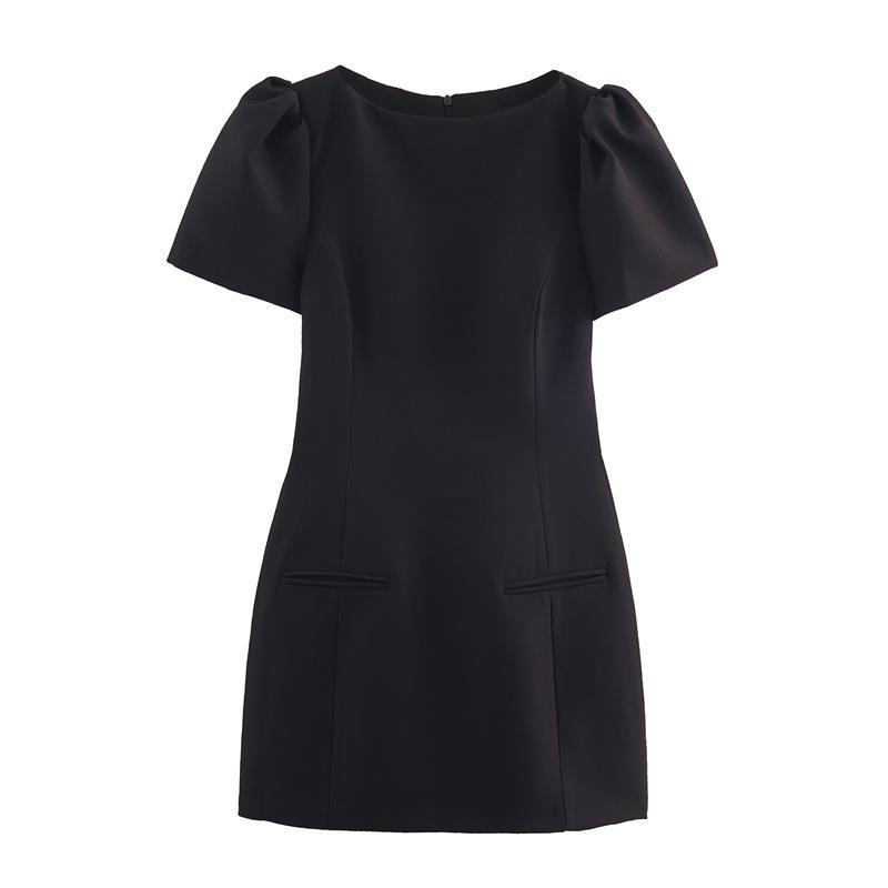 French Bubble Sleeve Sexy Waist-cinching Pleated Dress - Solid Color Short Skirt, European American Style