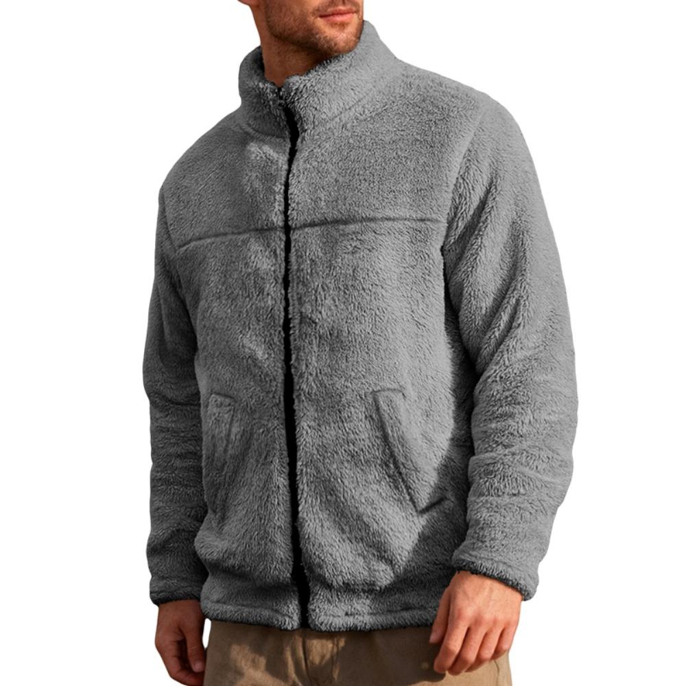 Herren Polarfleecejacke für Winter Einfarbig Stehkragen Langarm Reißverschlussfliege Mantel Lockere Passform Herren Oberbekleidung mit Taschen