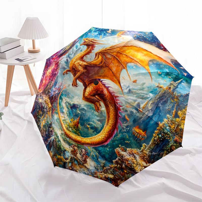Dragon with Colorful Wings pattern, automatic folding umbrella, portable and foldable design, 8 ribs, a Christmas or birthday gift.