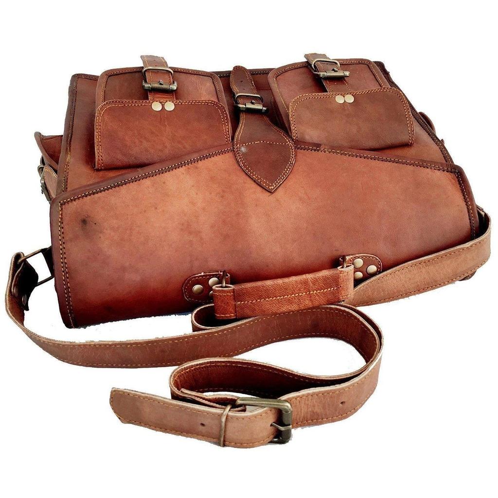 Men's vintage leather messenger brown laptop satchel bag genuine briefcase Large