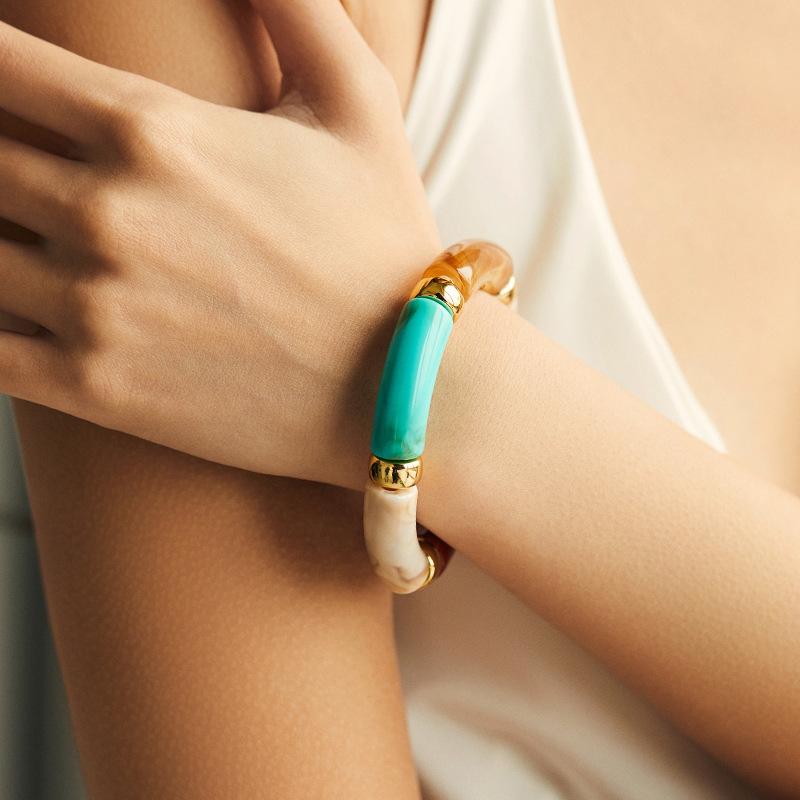 Mixed Color Bamboo Tube Acrylic Elastic Bracelets For Women Men  Resin Chunky Elbow Beaded Bangle Stack