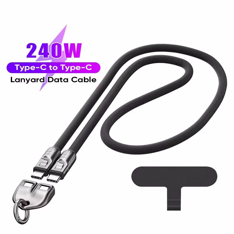 PD240W Phone Lanyard Charge Cable 2 in 1 USB-C to USB-C Super Fast Charge Data Cable Zinc Alloy Head Lanyard Fast Charging Cable
