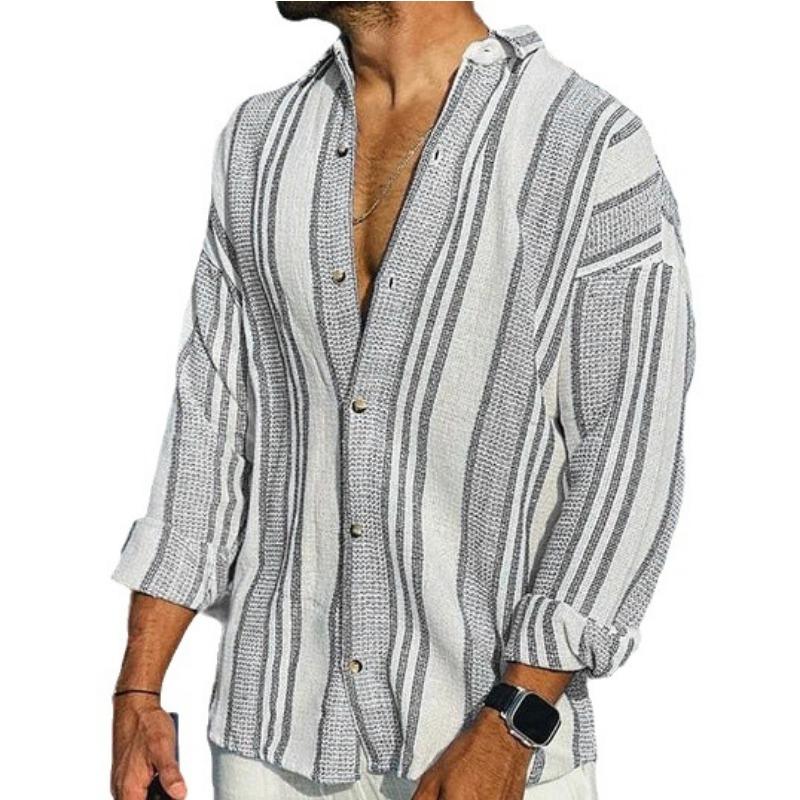 3D Digital Printed Striped Casual Men's Loose Long Sleeved Shirt