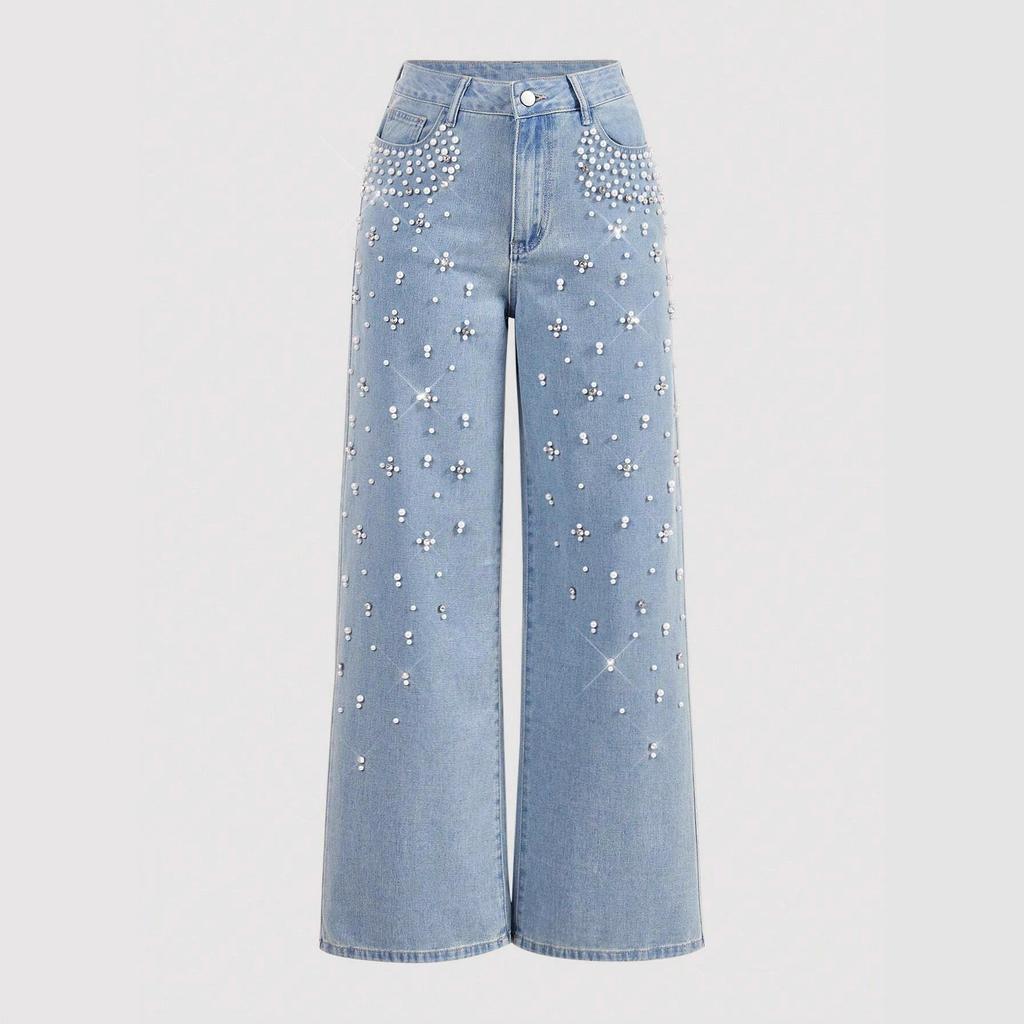 New fashion trend casual loose and thin jeans women's beaded straight trousers