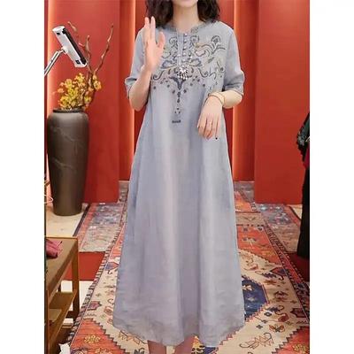 Dámské vintage vyšívané šaty ze směsi lnu Jaro Léto Volné Ležérní Midi Jednobarevné Etnický styl