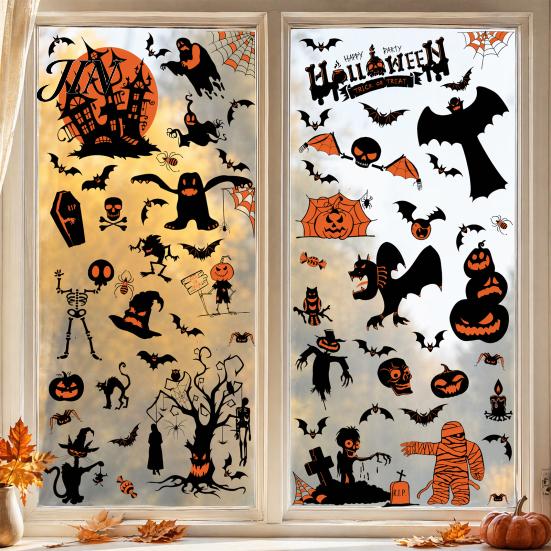 Fledermaus und Spinne Fensteraufkleber 9 Blatt Halloween Clings, Glückliche Kürbisse Hexe Geist Fledermäuse Schloss Gruselige Dekorationen Aufkleber, PVC Wasserdicht für