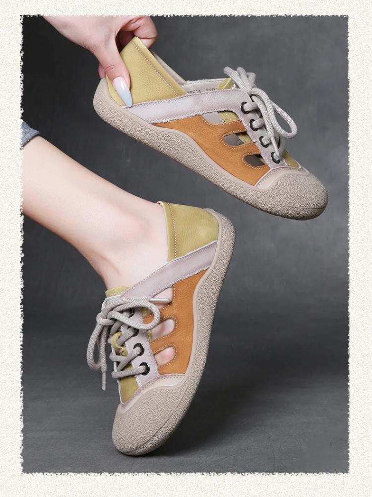 Johnature Genuine Leather Retro Hollowed Out Women's Flat Shoes Versatile Casual Soft Soled Mixed Colors Sandals