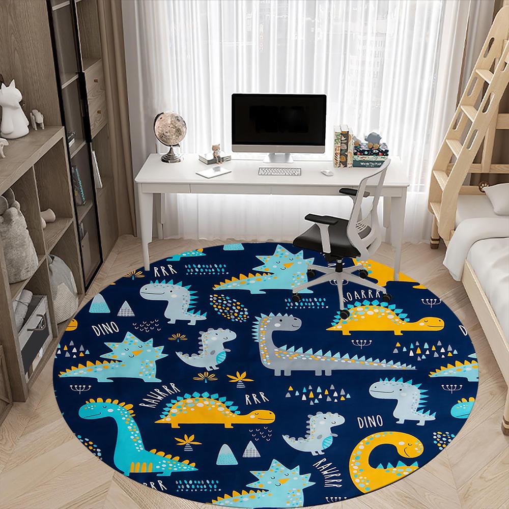 1PC Cartoon Dinosaur Office Round Area Rug, Mat Suitable For Office, Under Office Chairs Bedroom Living Room Home Decor, Room Deco