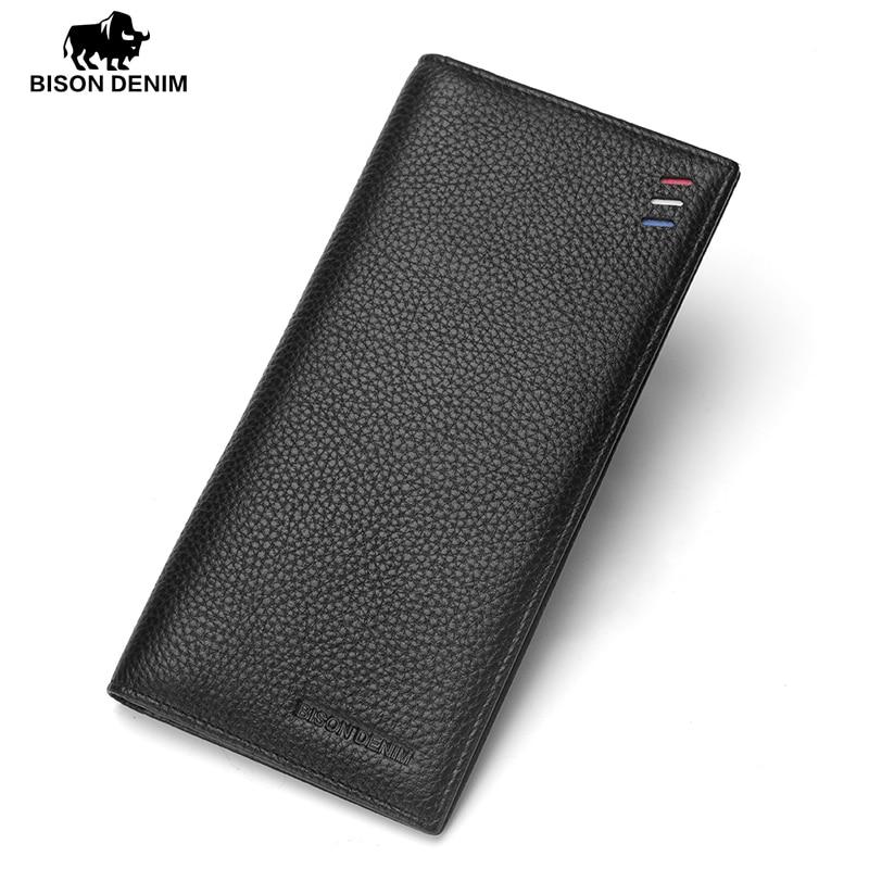 

BISON DENIM модные роскошные мужские кошельки из натуральной кожи, длинный тонкий двойной кошелек, кошелек с держателем для кредитных карт чёрный