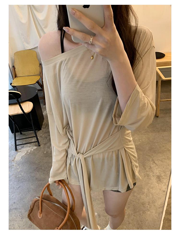 Korean Style Tie-Waist Long-Sleeved Off-Shoulder T-Shirt for Women - Autumn Edition