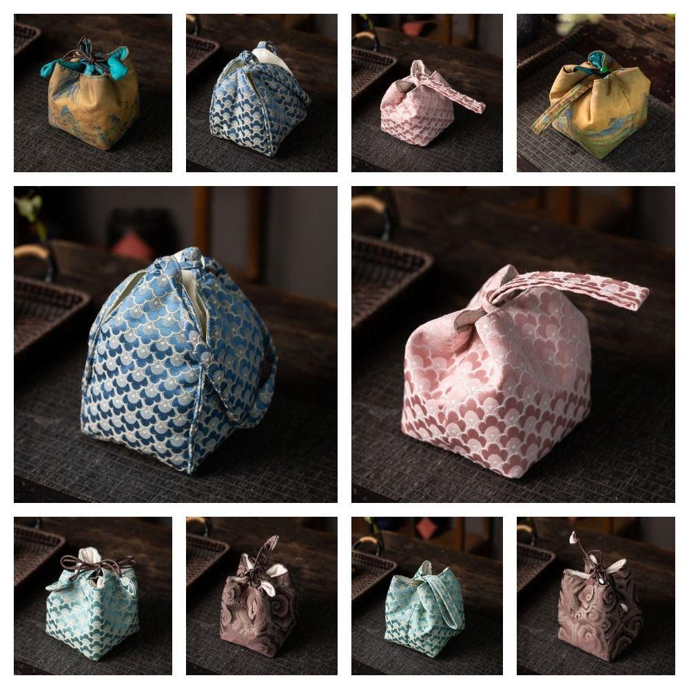 Breakage-proof Teacup Drawstring Cloth Pouch Print Embroidered Handbag Teaware Storage Bag  Purse