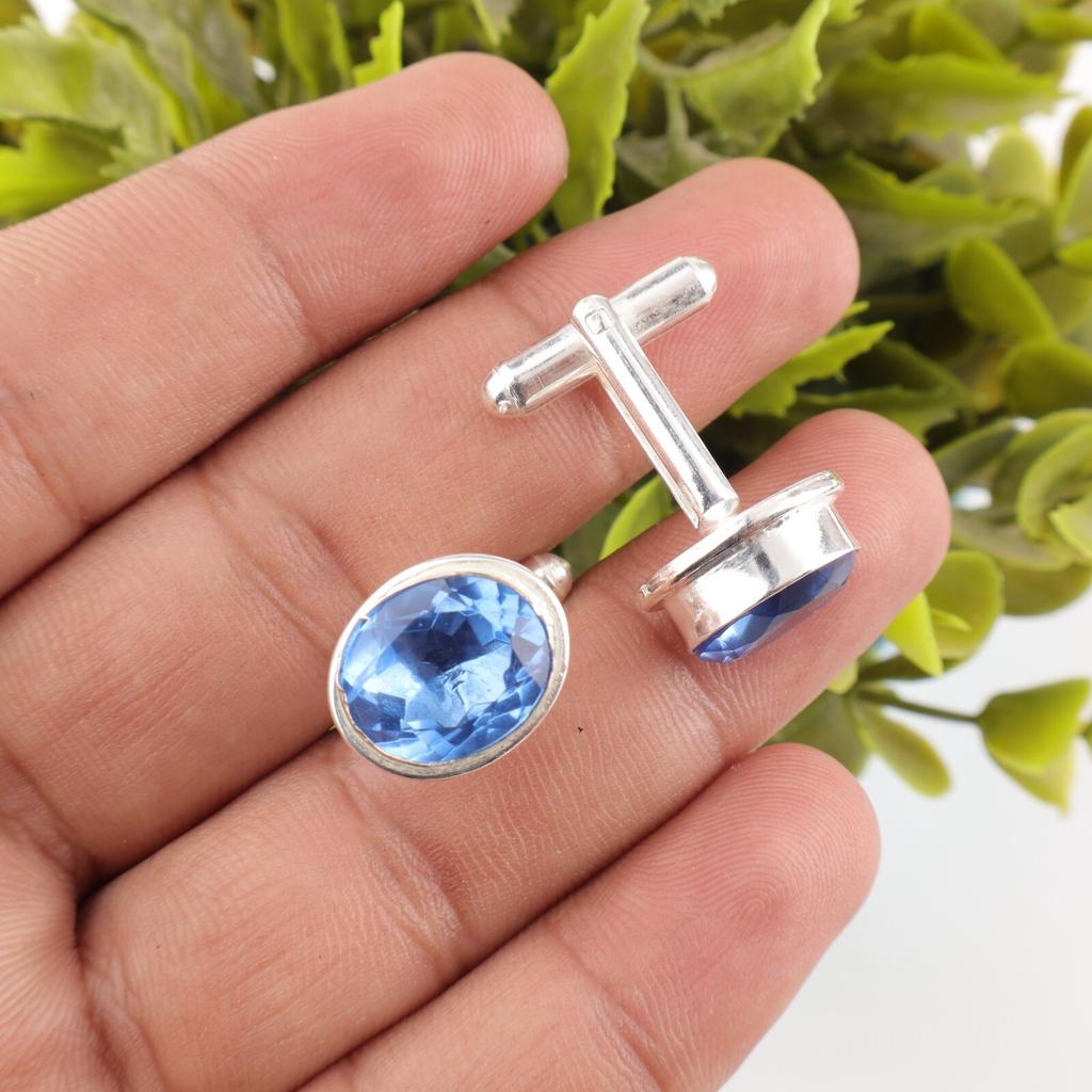 Tanzanite Gemstone 925 Sterling Silver Handmade Cufflinks 0.59" Men Accessories CL-2-15