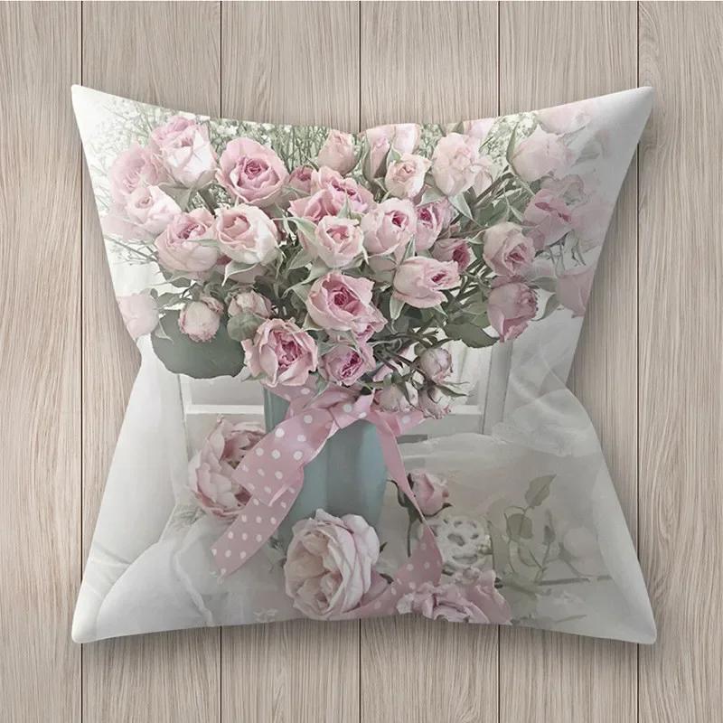 Square Polyester Cushion Cover Living Room Home Decor Throw Pillow  Rustic Rose Printed  Case