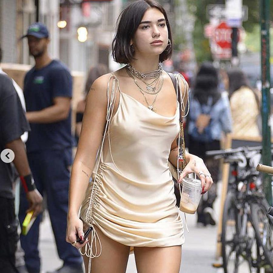 Summer Sexy Backless Satin Dress Soft Mini V Neck Bodycon Sling Casual Loose Slim Silk Bandage Length Adjustable Midi Dress