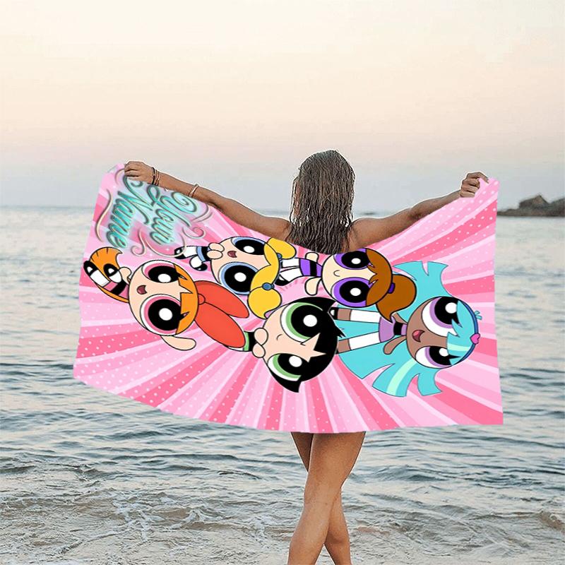 1pc Powerpuff Beach Towel with Custom Name, Beach and Seaside Swimming Pool Equipment, Fashion Pattern, Rectangular, Travel Essential
